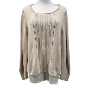 Lucky Brand Cream Knit Sweater Layered Chiffon Large Chic Boho Cottage Neutral